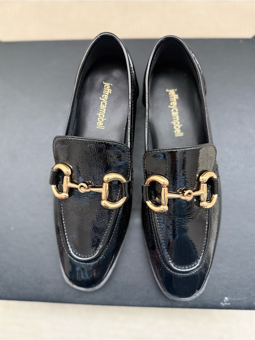 Jeffrey Campbell Glossy Black Patent Loafers with Gold Hardware
